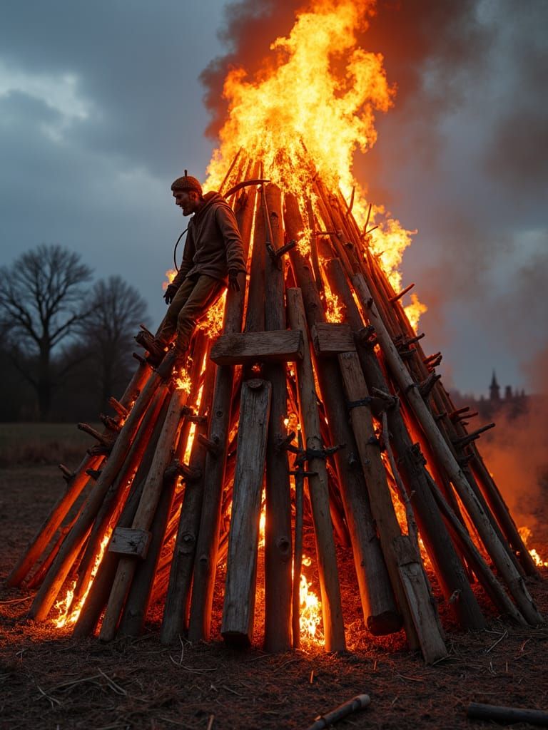 Burning Effigy on Scrap Wood Bonfire