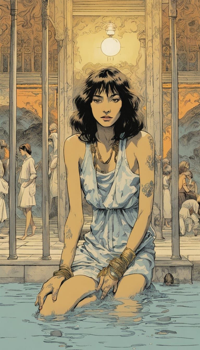 Japanese Woman in Turkish Bath, Risograph Style