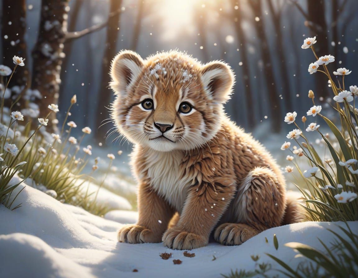 Whimsical Sabertooth Cub in Serene Snowy Meadow