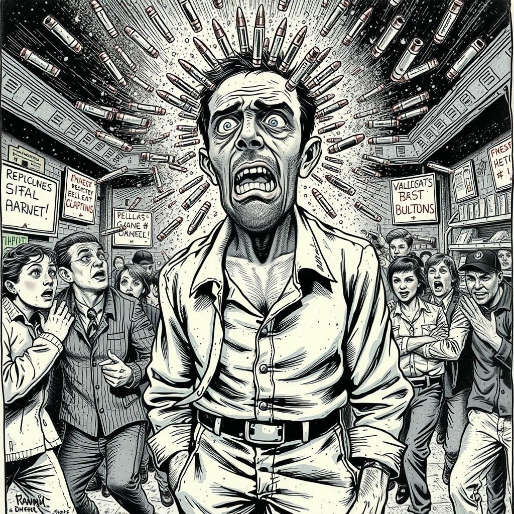 Anxious Man Erupting Bullets: Cartoonish Ink Illustration