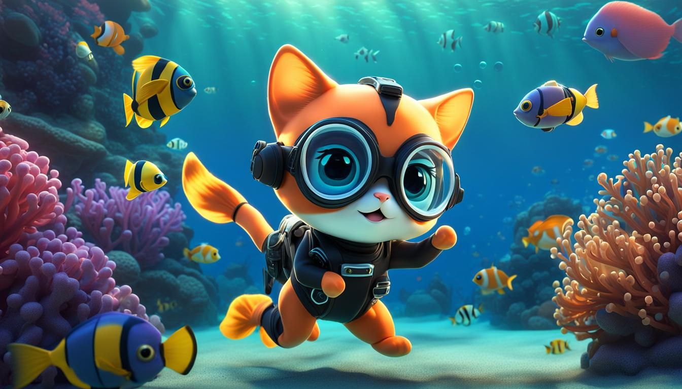Kitten Diver in Underwater Scene as 3D Art