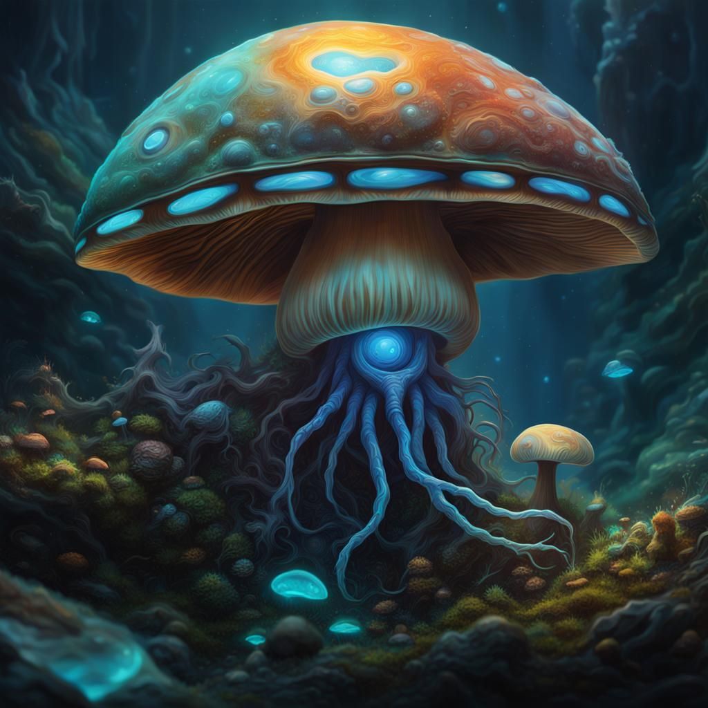 Bioluminescent Alien Mushroom on Dark Exoplanet