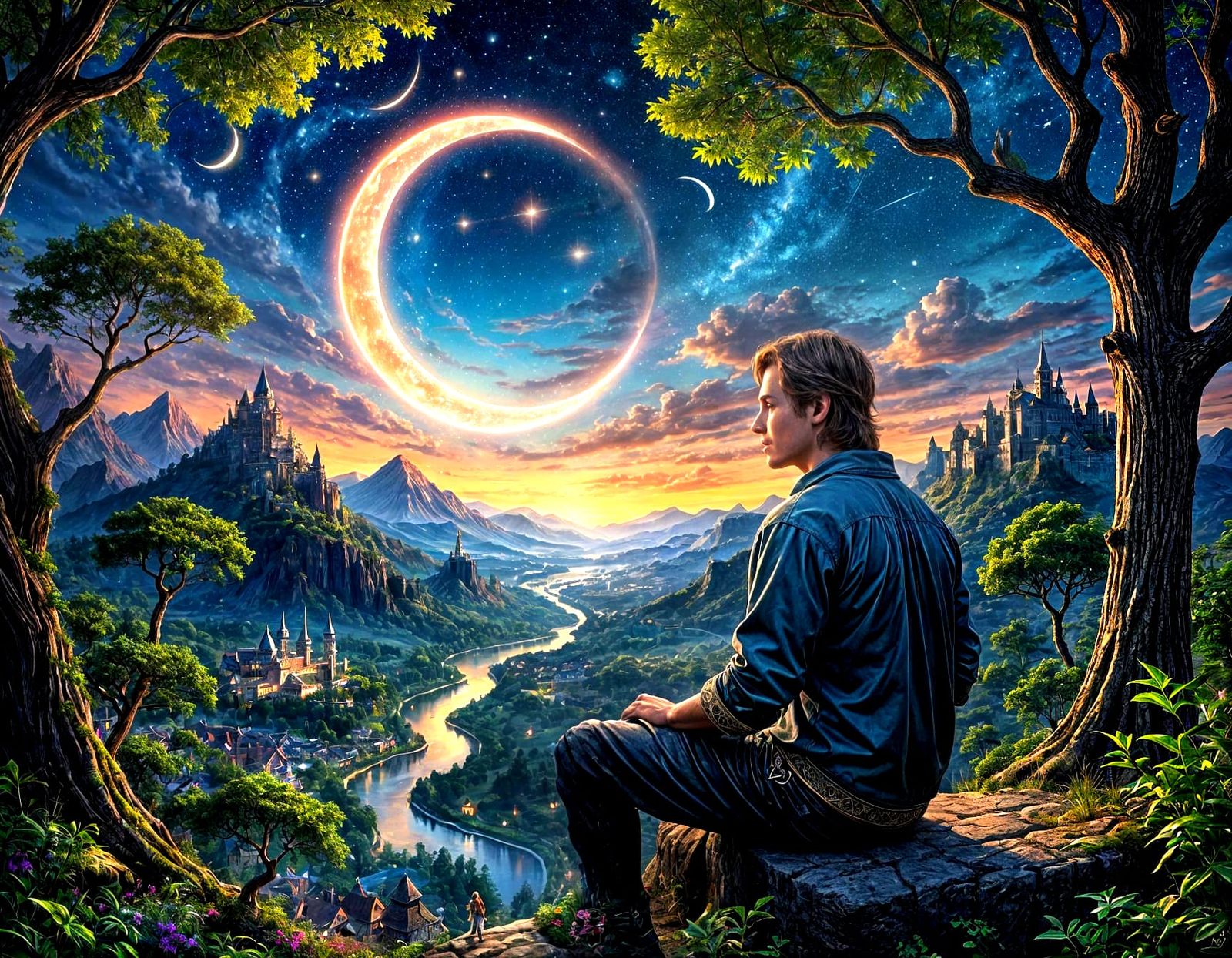 Dreamlike Starry Night with Sitting Man in Fantasy Art