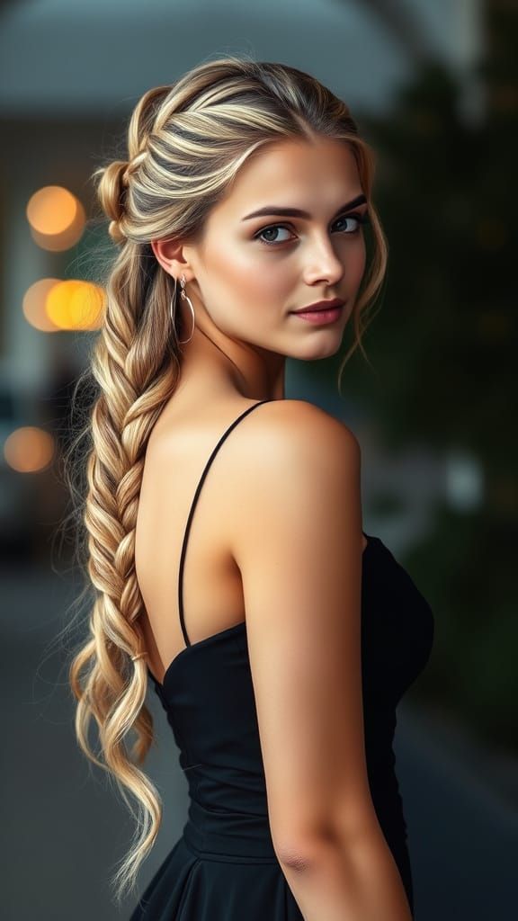 Elegant Young Woman in Black Evening Gown, Long Braided Pony...