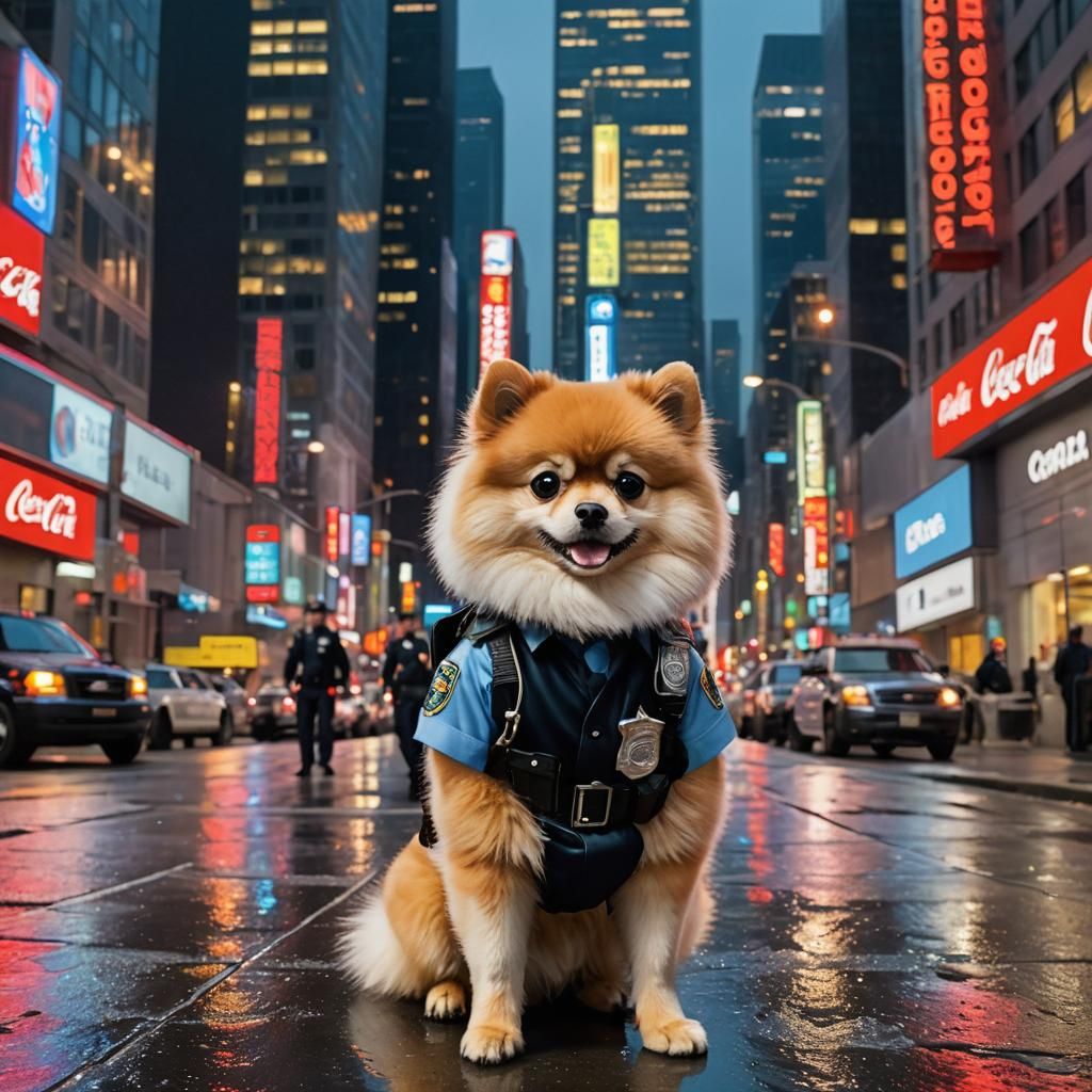 Humanoid Pomeranian Police Officer in a Neon City