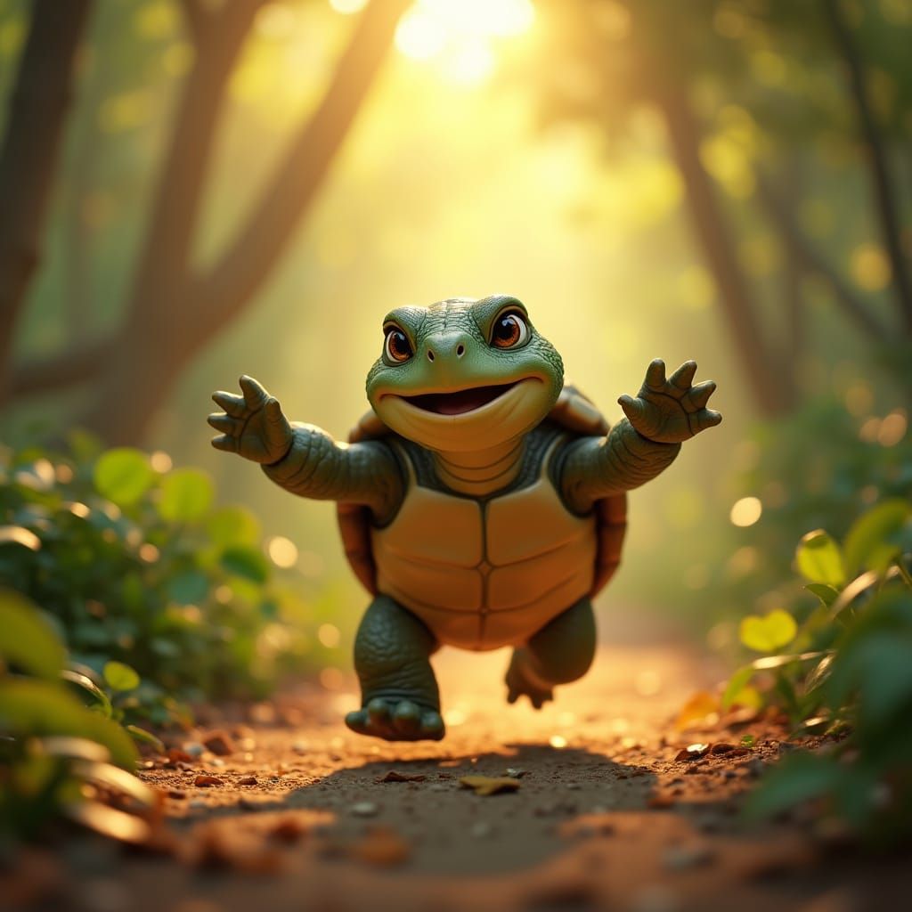 Turtle Running in Forest with Warm Sunlight in Whimsical Zoo...