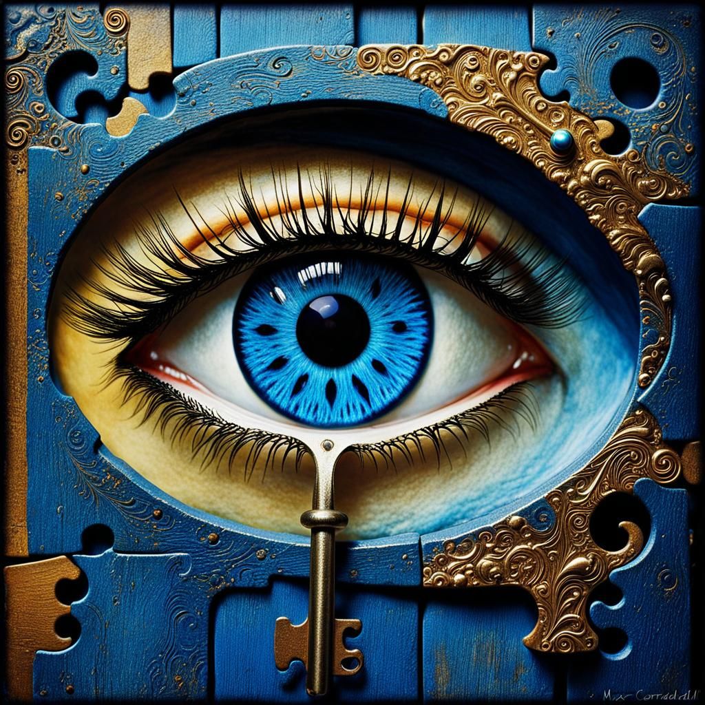 Surreal Keys with Blue Eyes in Dreamlike Watercolor