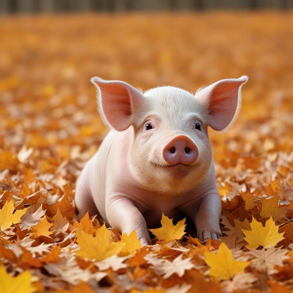 Cute Piglet Plays in Autumn Maple Leaves
