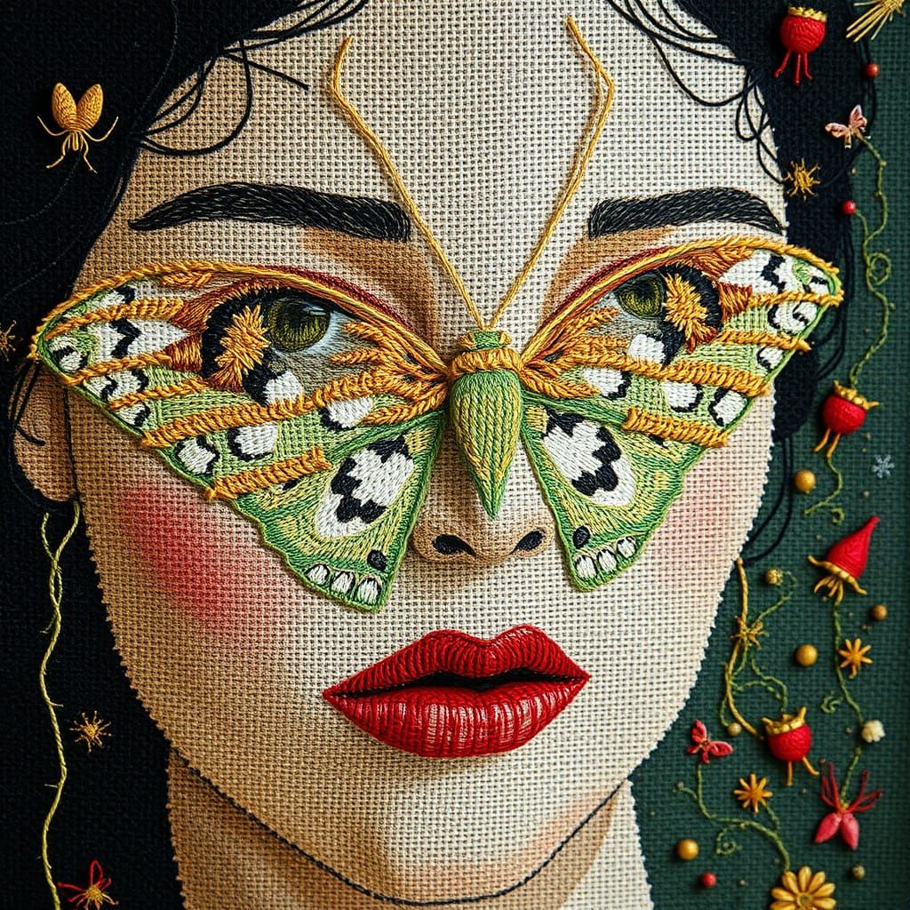 Surreal Portrait Unravels Amidst Devouring Moths in Tapestry...