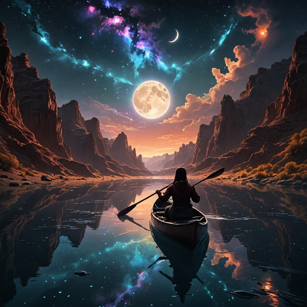 Cosmic Canoe Silhouette in Detailed Digital Painting