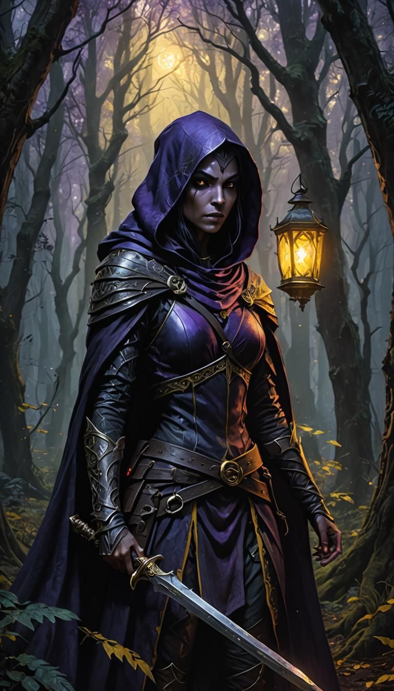 Dark Elf Assassin in Mystical Forest, Fantasy Art