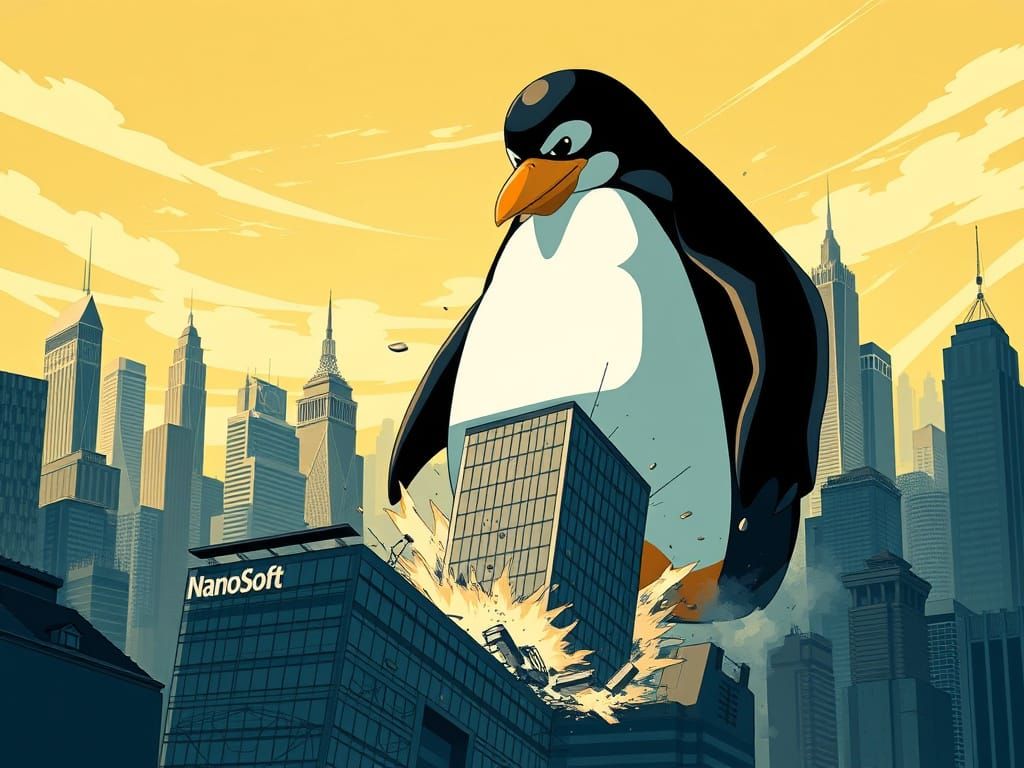 Tux as a Cyberpunk Kaiju Destroying Cityscape