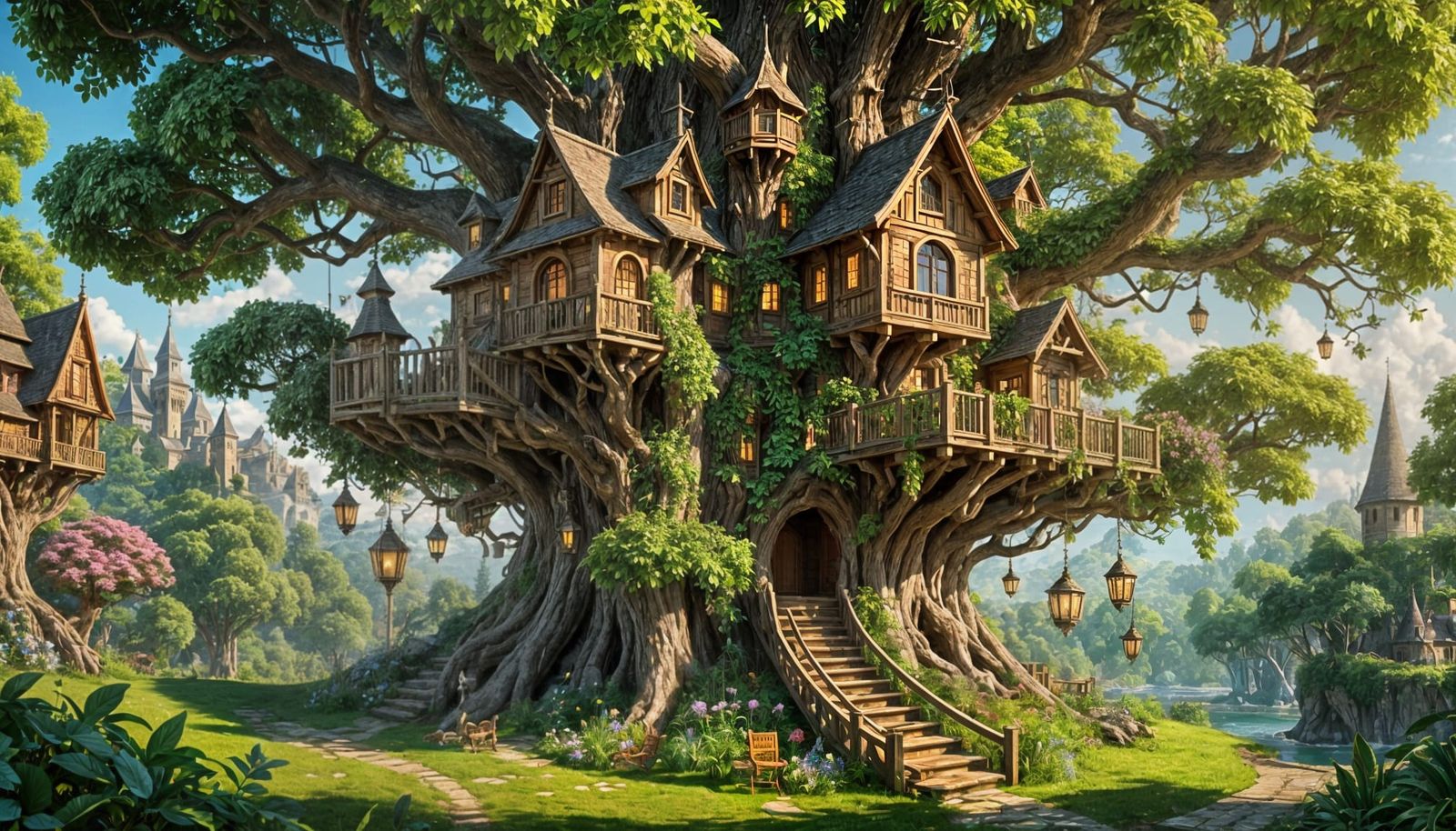 Enchanting Forest Treehouse with Castle Tower