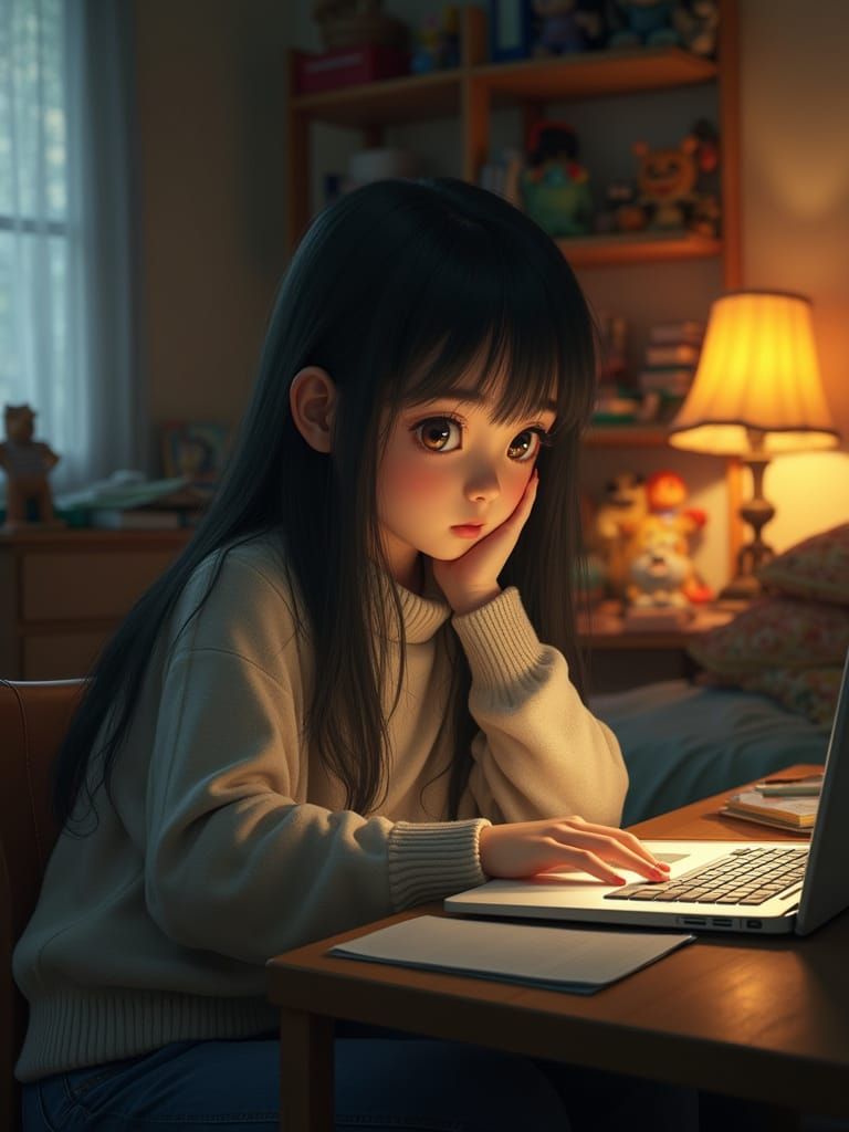 Young Asian Girl Studies Laptop in Cozy Bedroom