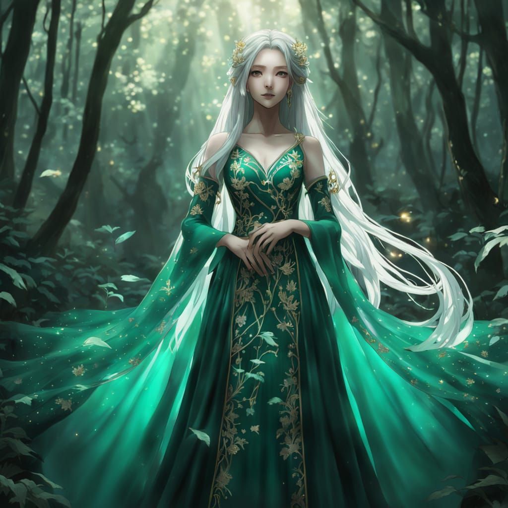 Enchanted Fantasy Anime Girl in Emerald Gown