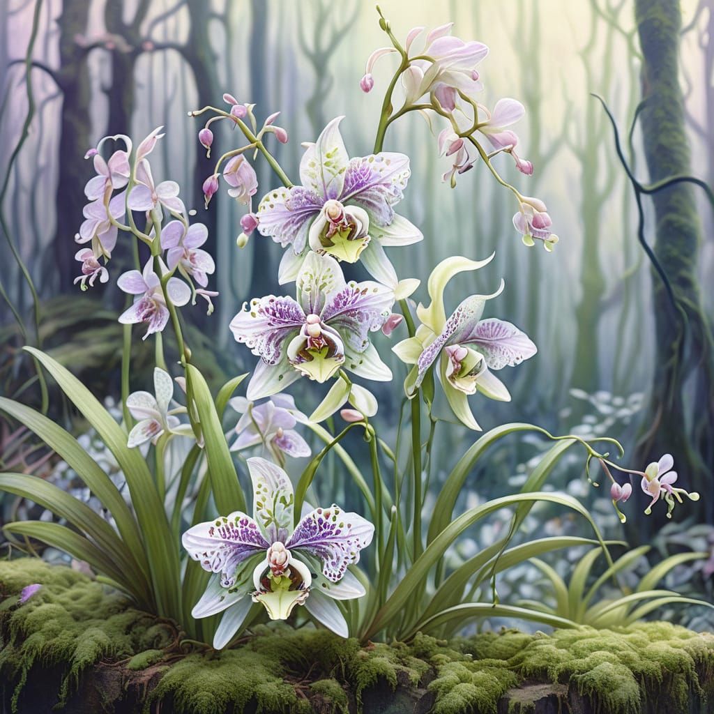 Watercolour Butterfly-Orchid Hybrid in Mystical Forest