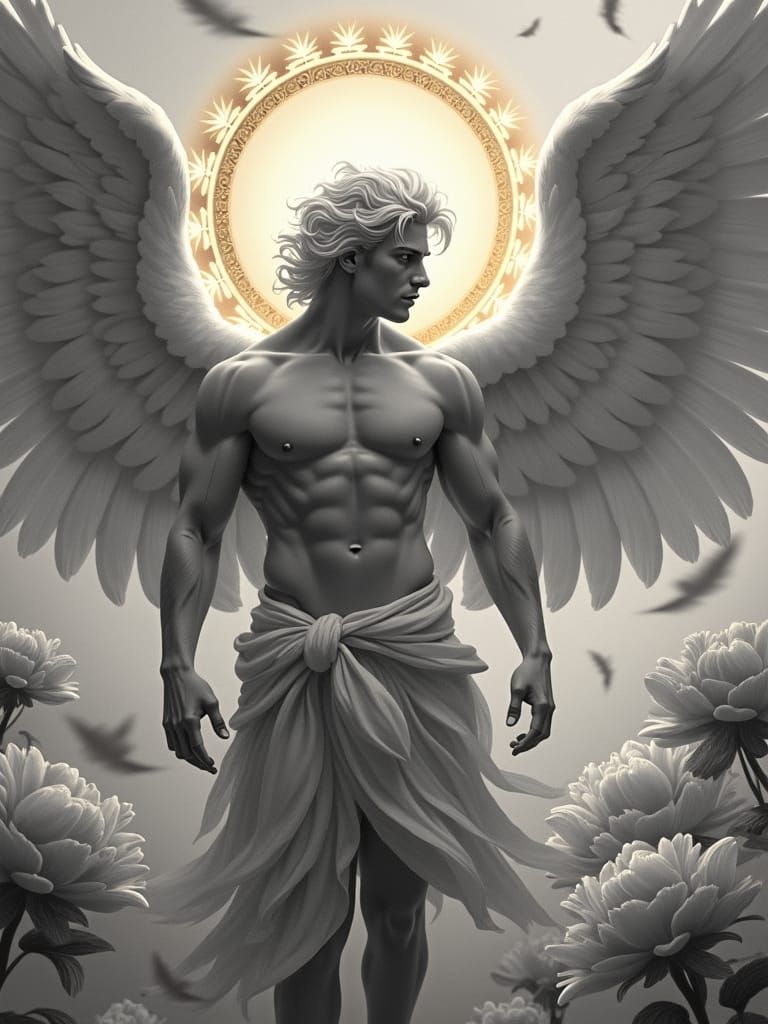 Monochromatic Angel with Halo and Floral Background