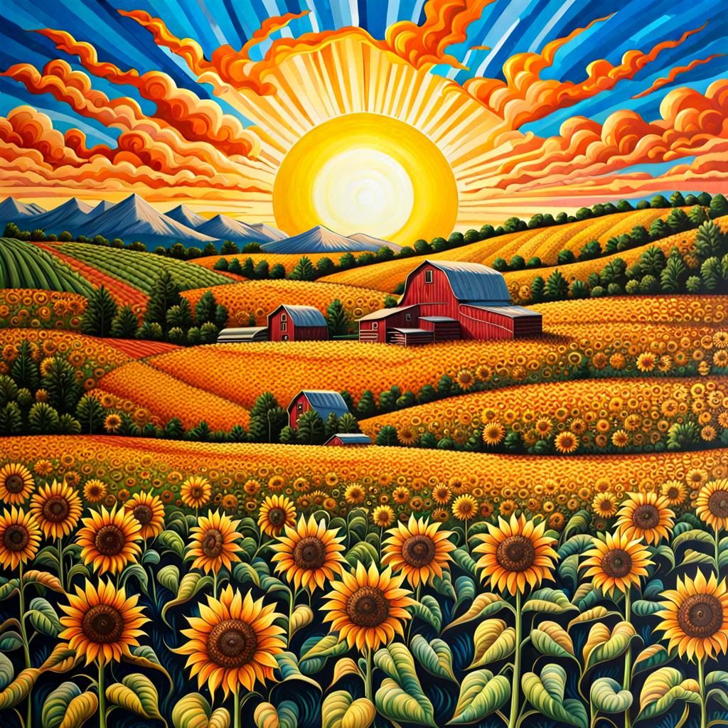 Hyperrealistic Sunflower Fields at Sunset in Splash Art