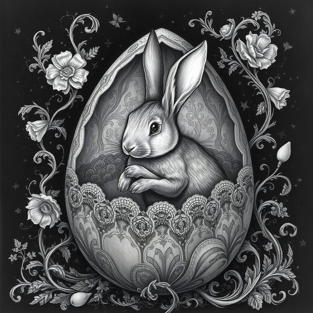 Whimsical Easter Wonderland in Charcoal Drawing