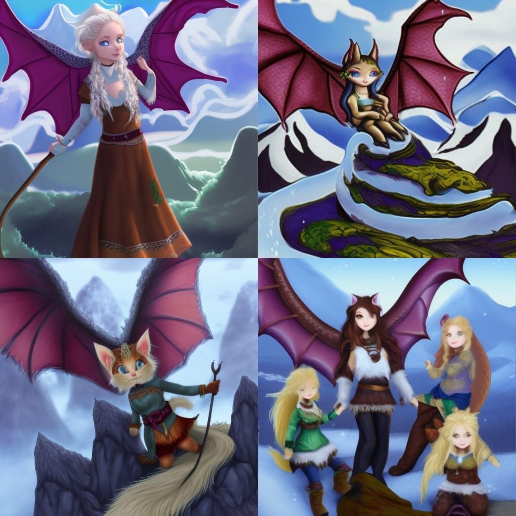 Surreal Fantasy Scene with Catgirl, Elf, and Dragon