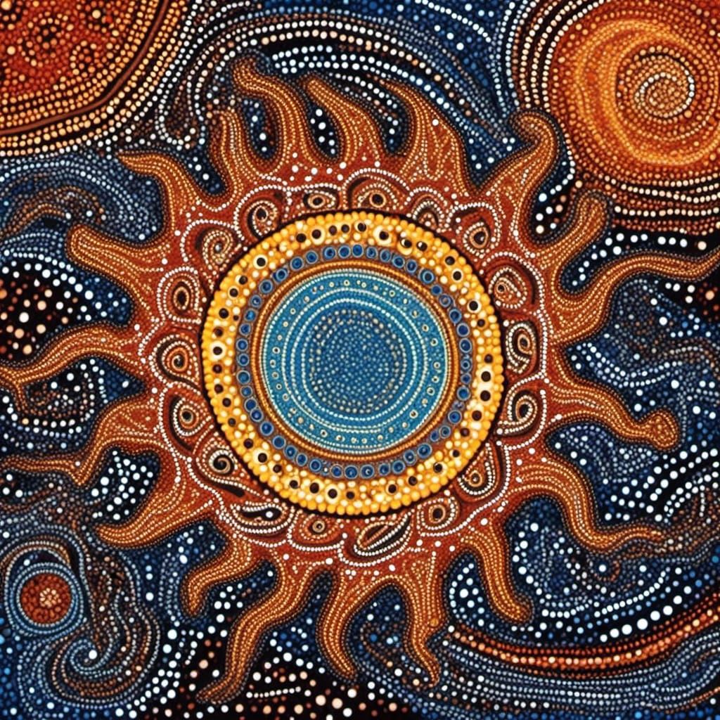Aboriginal art dot painting of a large sun with sunbeams str...