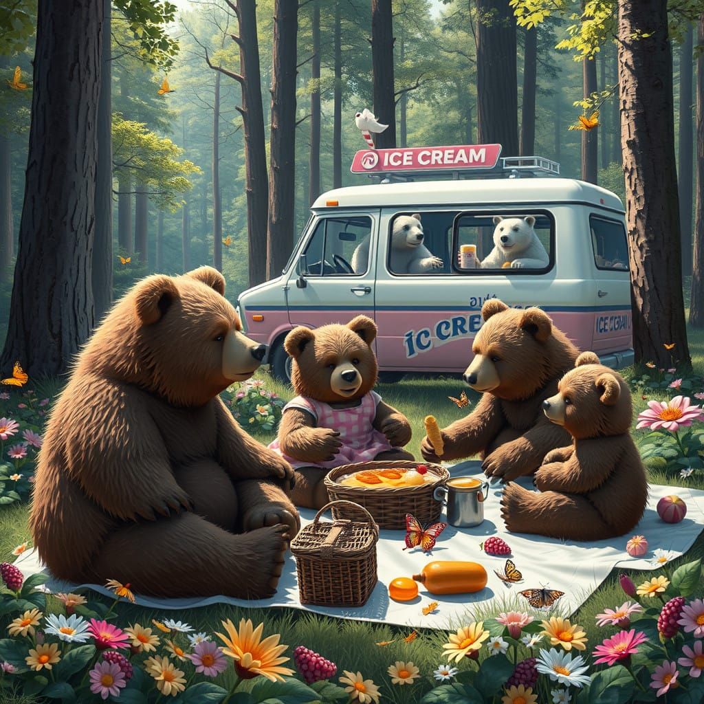 Brown Bears Enjoy a Whimsical Picnic in a Fantastical Forest