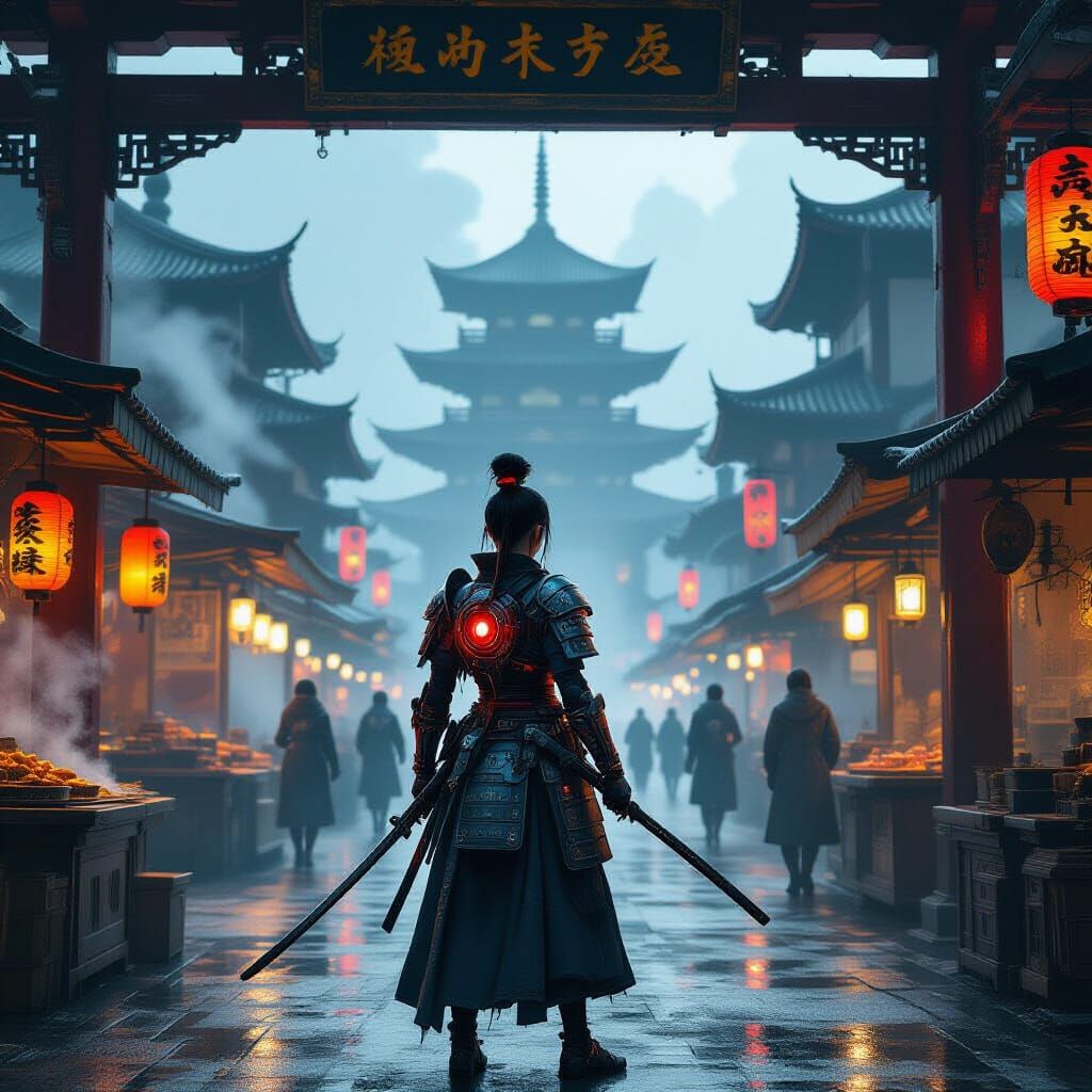 Cyberpunk Samurai Guarding Steampunk Market