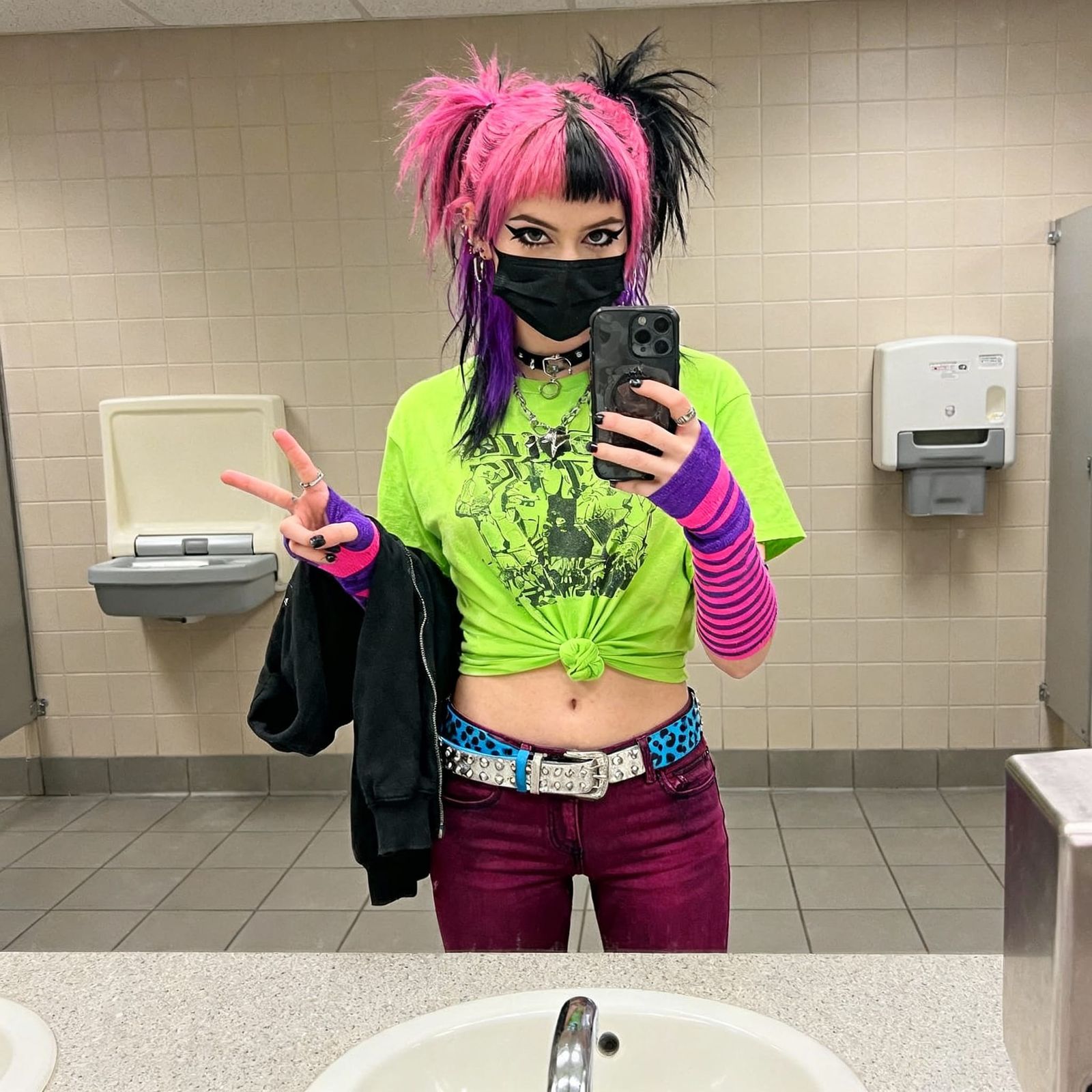 Pink Haired Woman Takes Bathroom Mirror Selfie