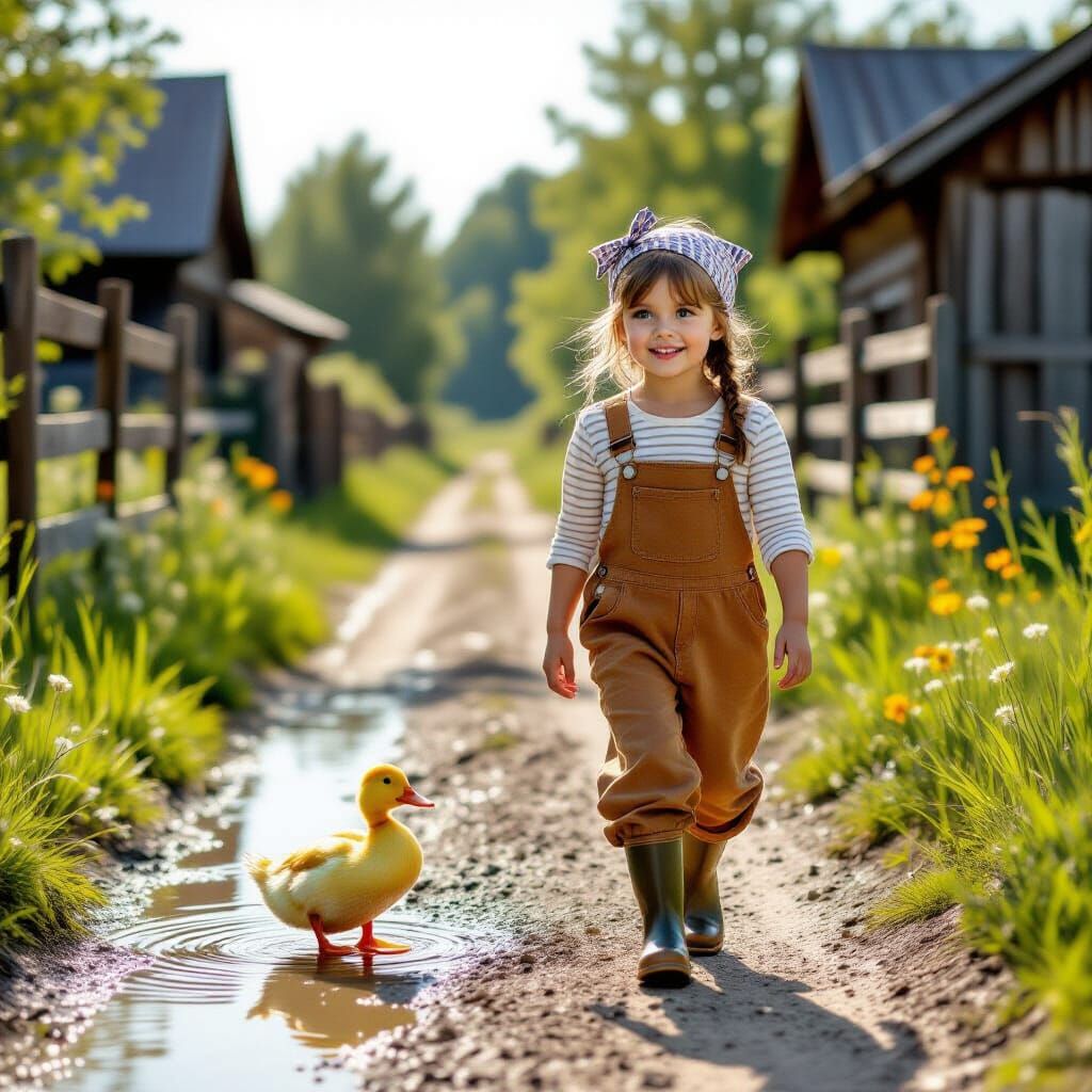 Charming Country Girl with Duckling, Oil Acrylic Style