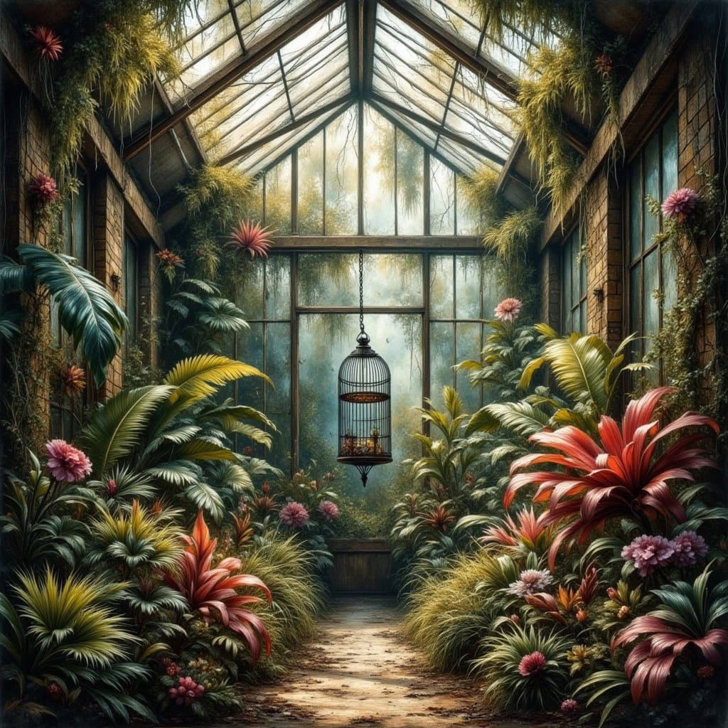 Overgrown Greenhouse with Mutated Plants and Empty Birdcage