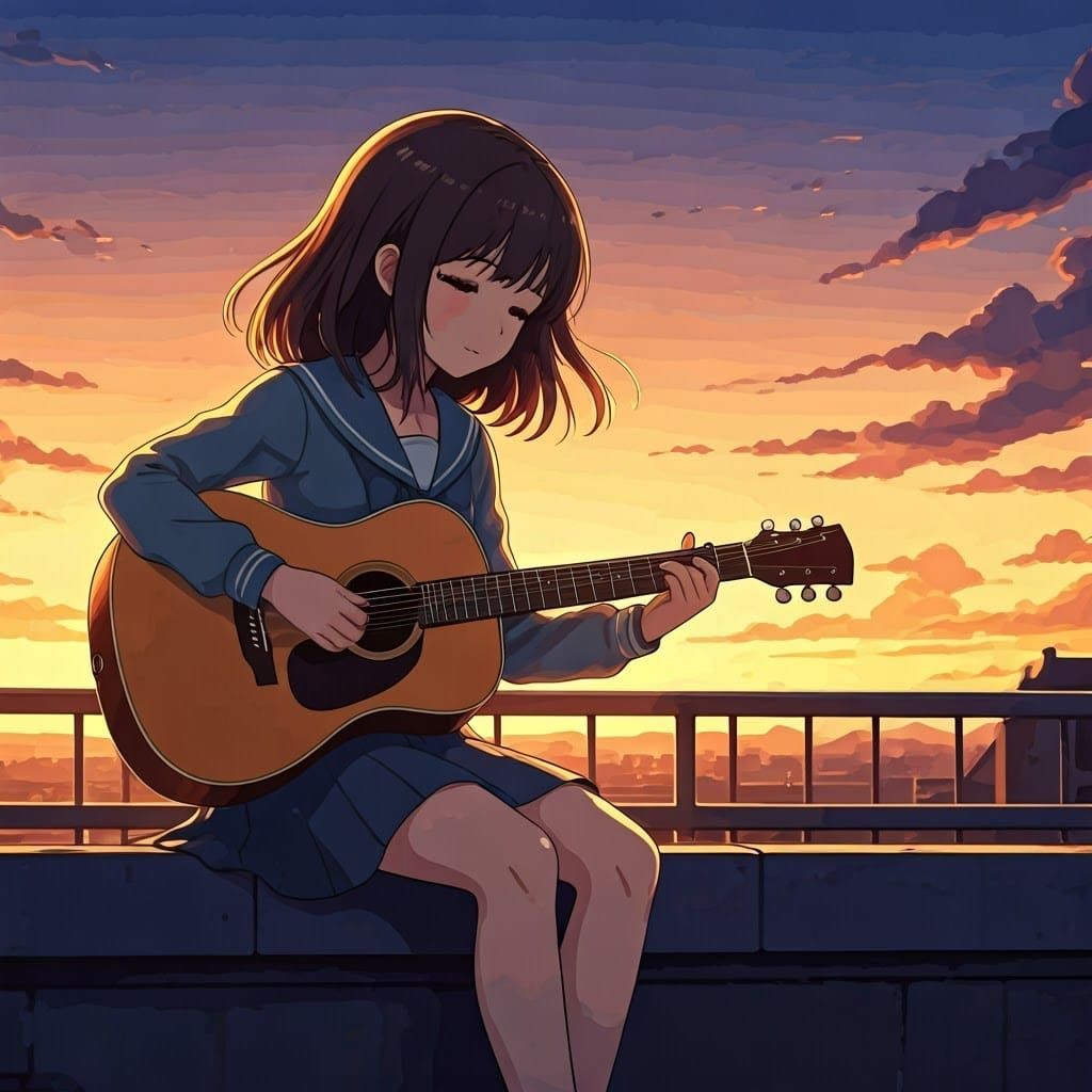 Anime Girl's Rooftop Serenade in Studio Trigger Style
