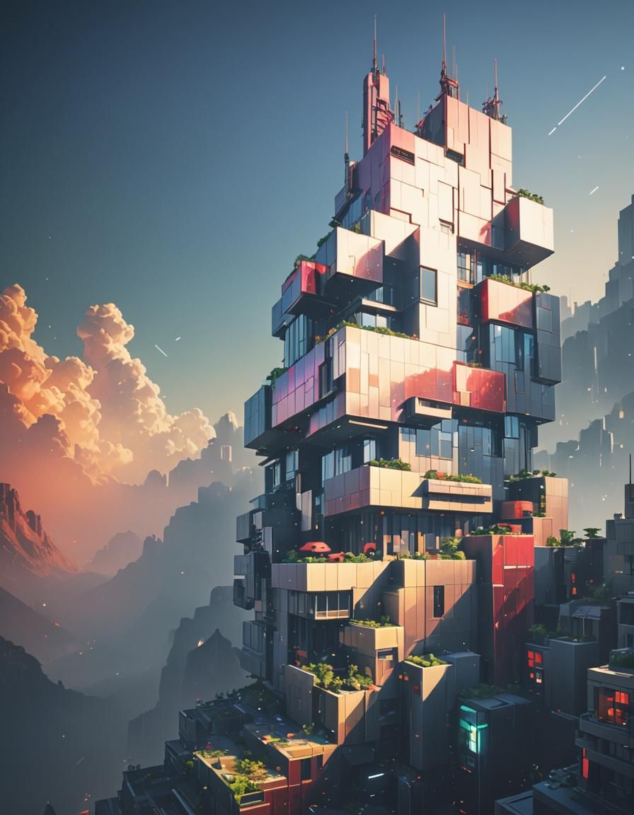 Pixelated Neofuturistic Landscape in Red and Gray