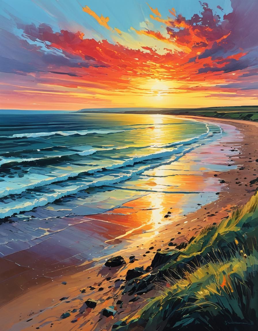 Northumberland Beach Sunrise in Impressionist Gouache Style