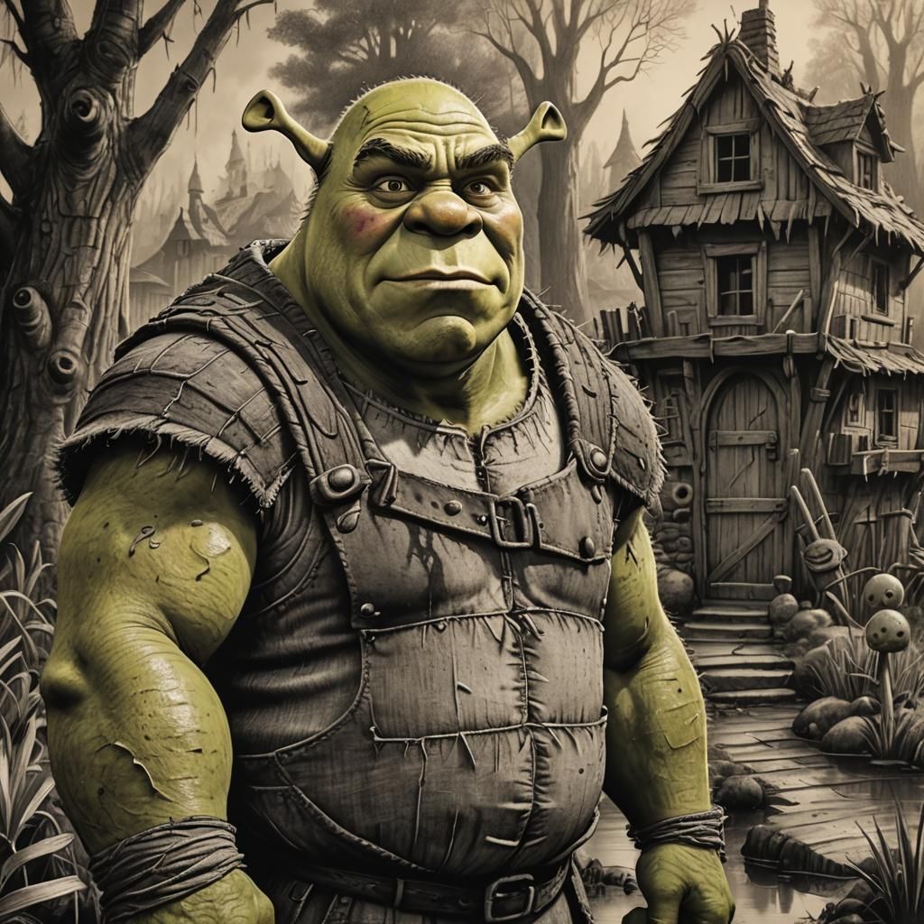 Grumpy Shrek in Hyperdetailed Charcoal Drawing