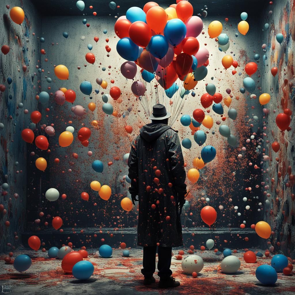 Clown with Balloons in Abstract Expressionist Style