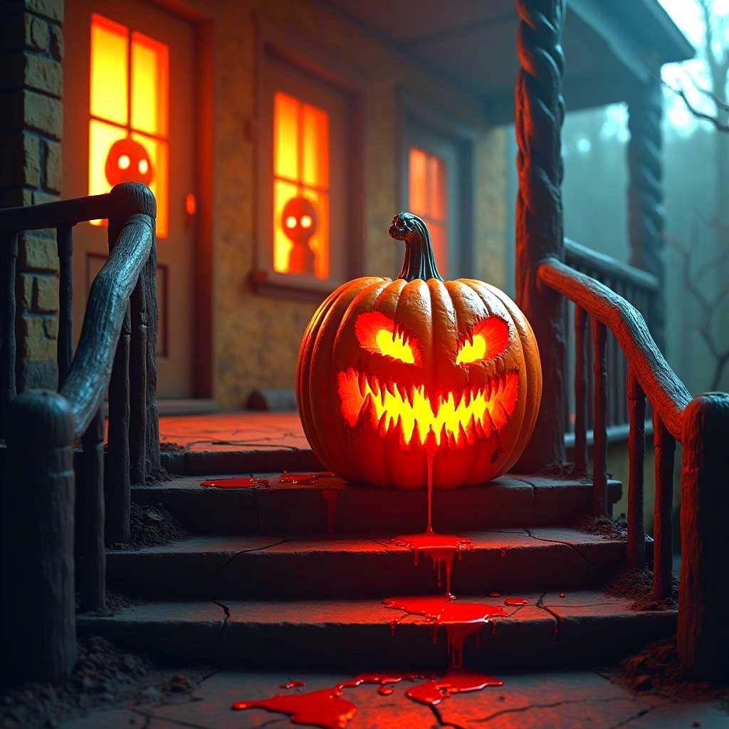 Sinister Glowing Pumpkin on Haunted House Porch