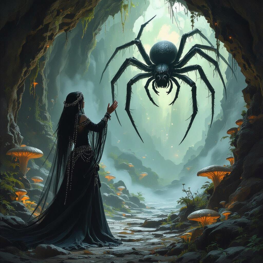 Drow Priestess in Grotto with Spider Idol