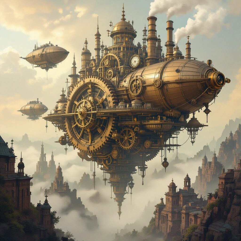 Steampunk City on Gears with Airships, Sepia Illustration