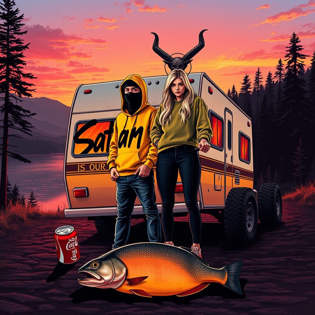 Mysterious Duo in Sunset Landscape with Retro Motorhome