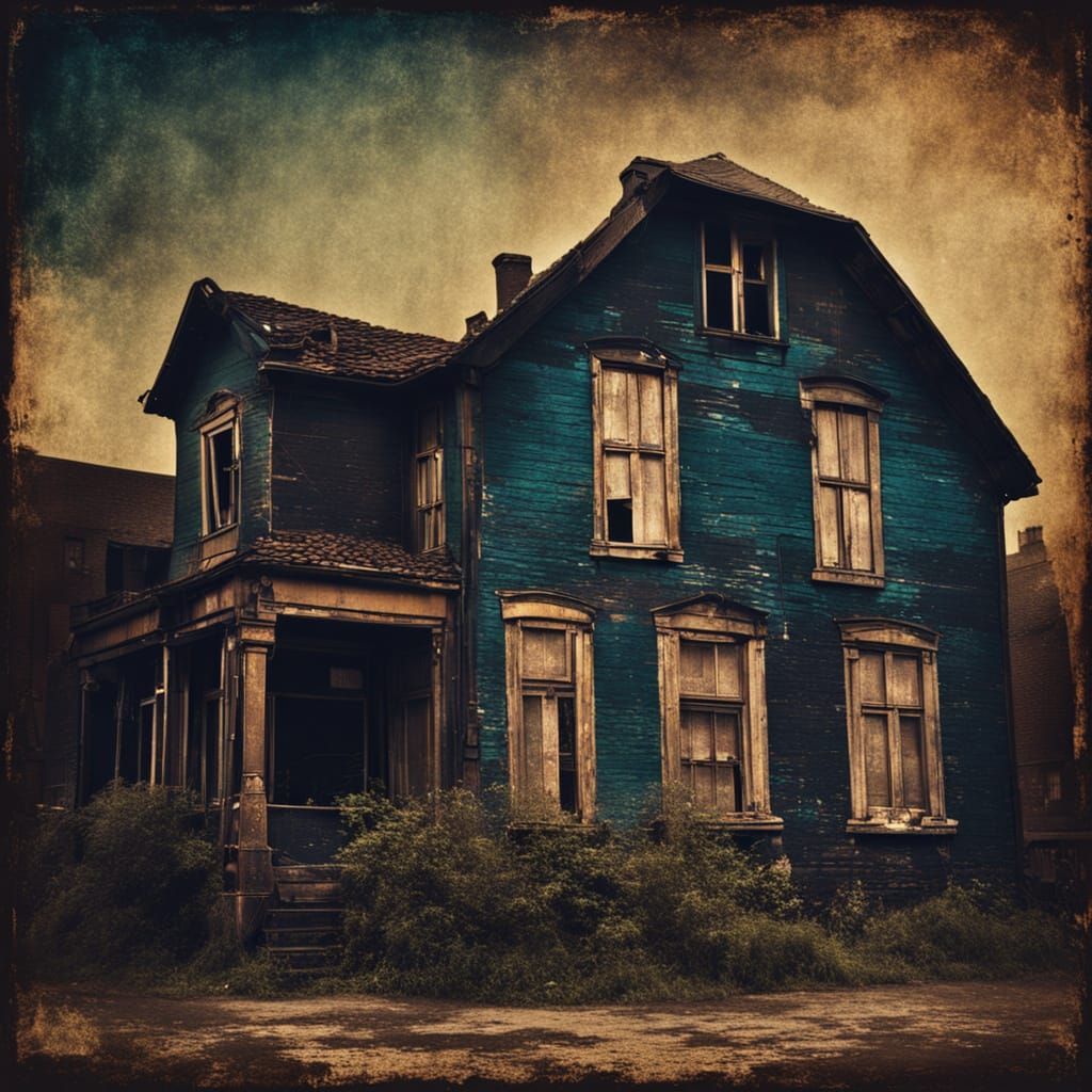 Dilapidated Old House at Night in Colorful Tones