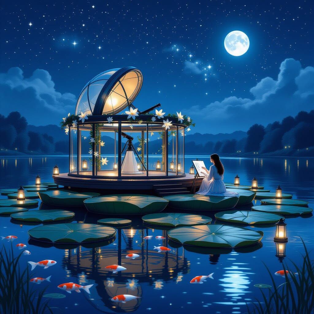 A tranquil observatory built atop giant lily pads floating on a still night lake. A lady journal sketches down her obser...