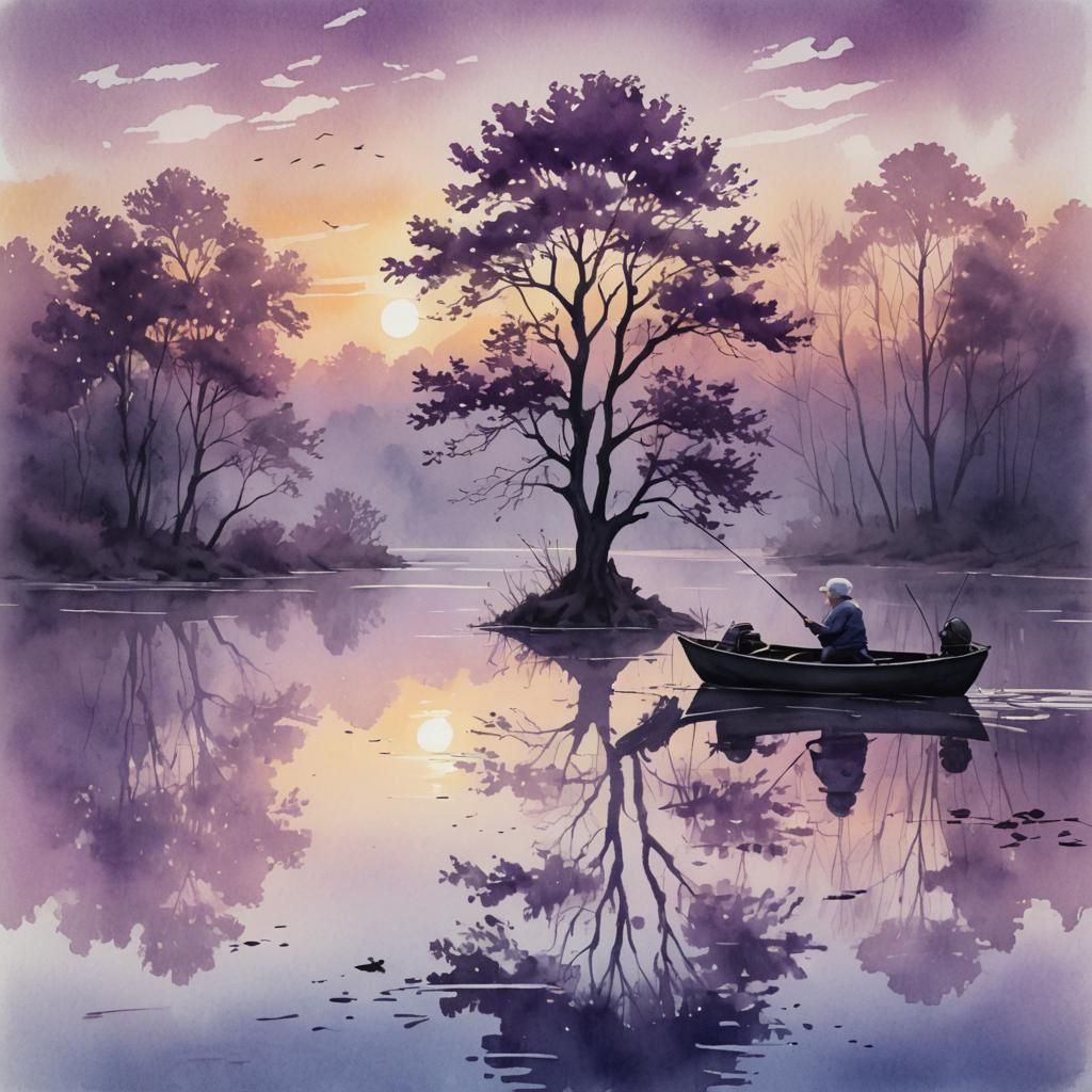 Monochrome Sunset Over Lake in Gouache Style