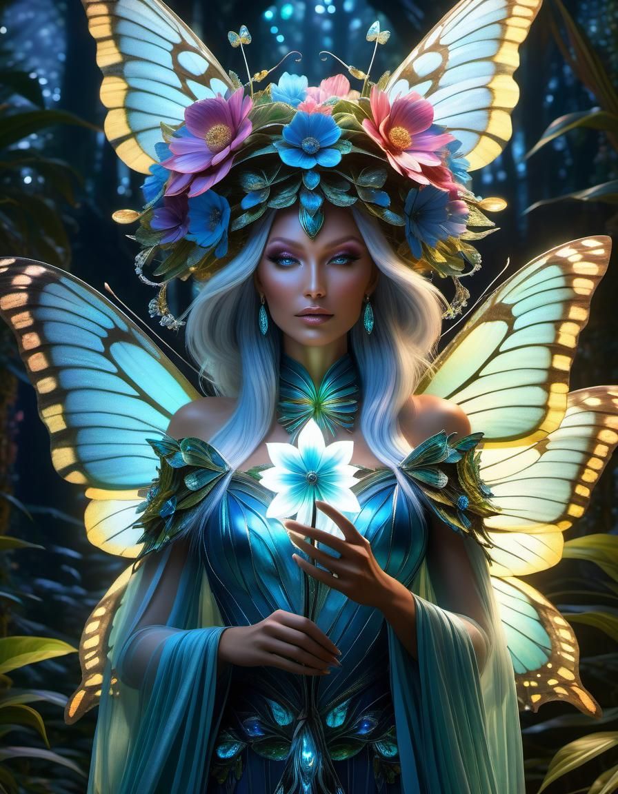 Girl in Butterfly Dress with Bioluminescent Headdress