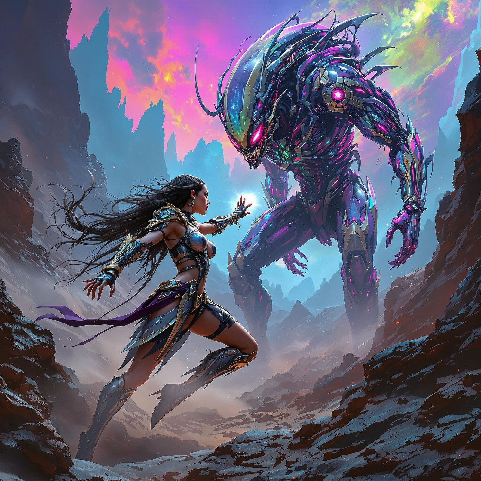 Warrior Woman Battles Cyborg Alien in Sci-Fi Landscape