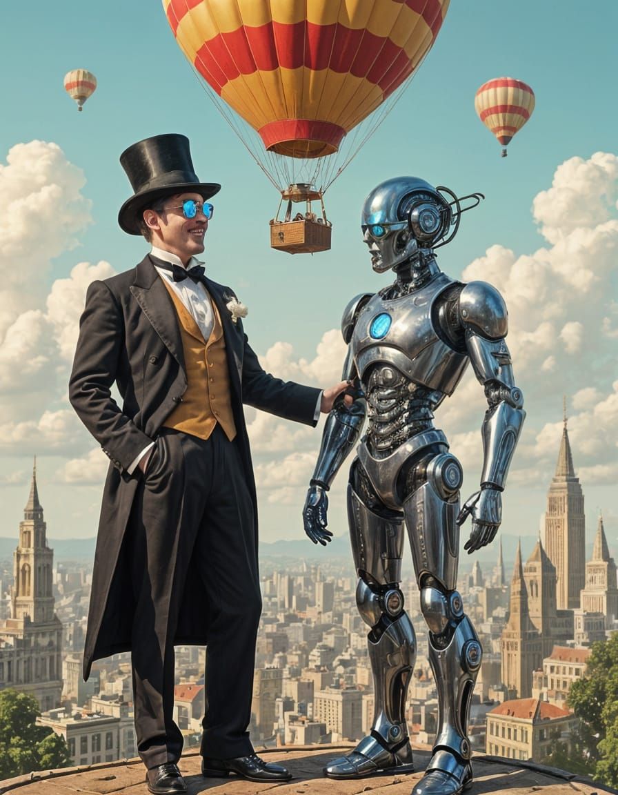 Victorian Gentleman & Cyborg Admire Hot Air Balloon