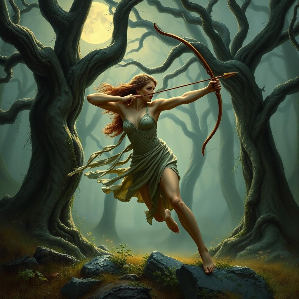 Diana Huntress in Moonlit Forest, Dreamlike Realism