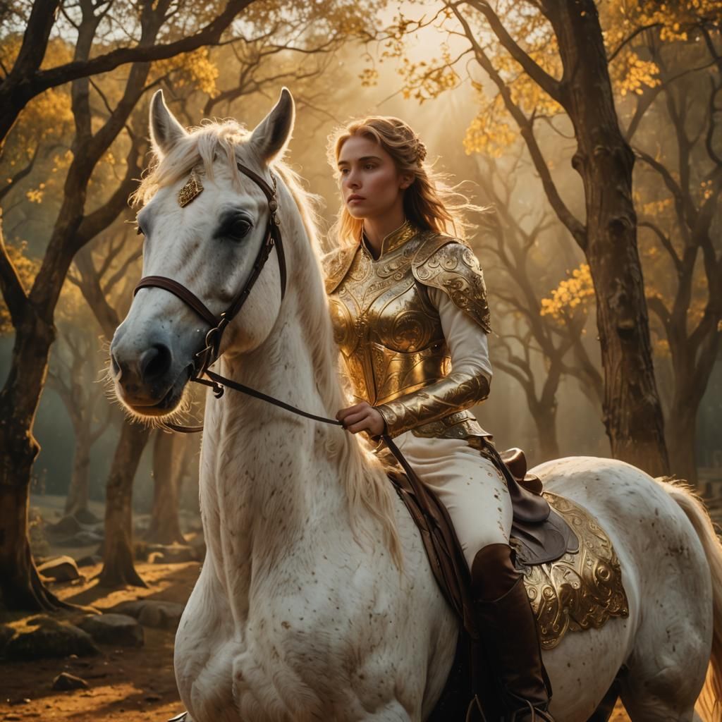 Goddess Rhiannon on White Horse in Golden Light