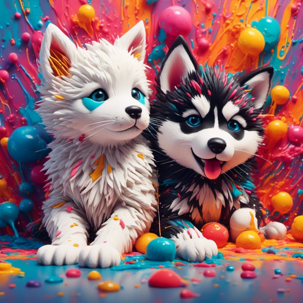Kitten and Puppy Play in Graffiti Art Style