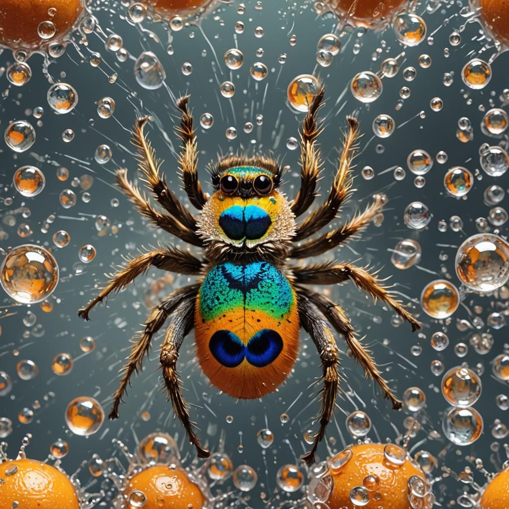 Photorealistic Peacock Spider with Crystal Oranges