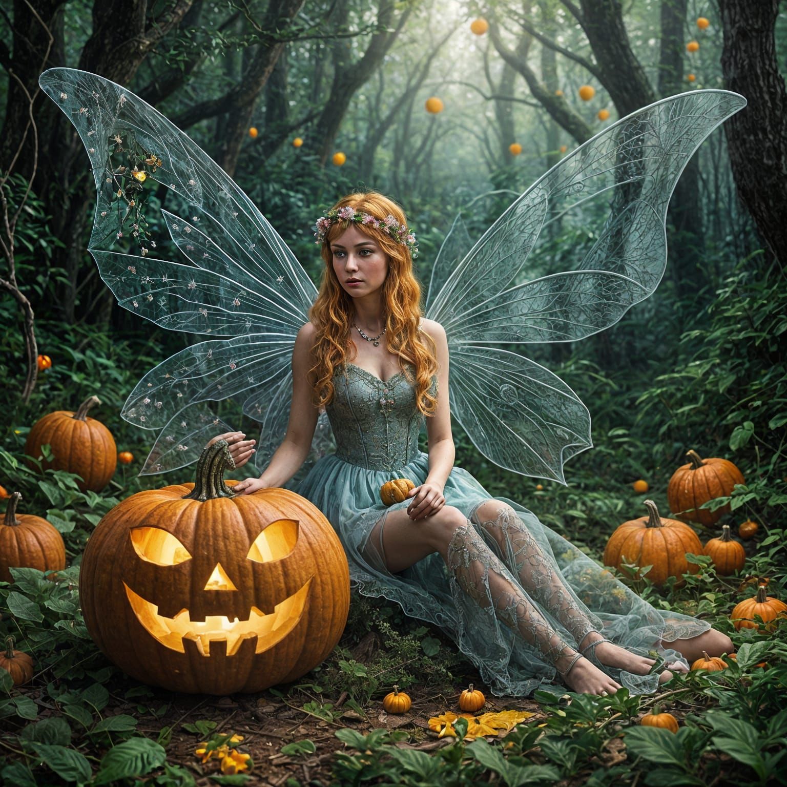Hyperrealistic Fairy With Pumpkin Head Detailed